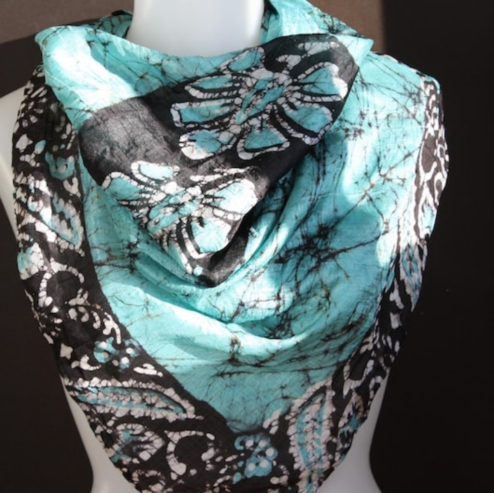 Vintage SILK BATIK Scarf square large floral motif aqua and black white
